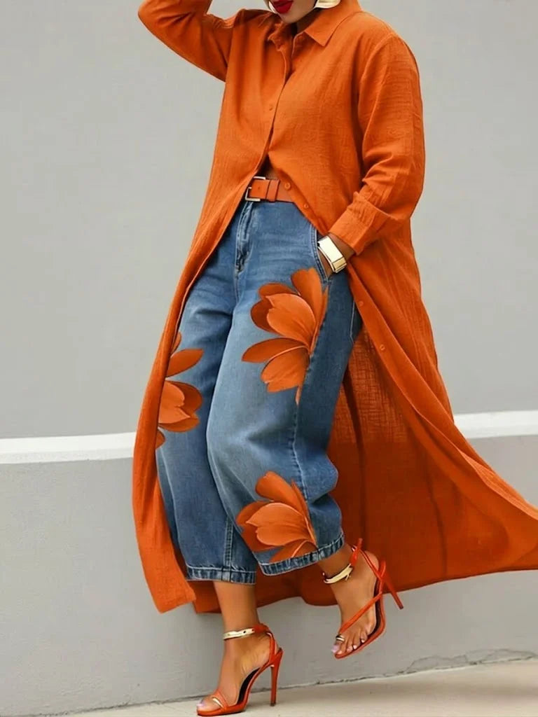 Ana | Conjunto de camisa larga y vaqueros con estampado floral
