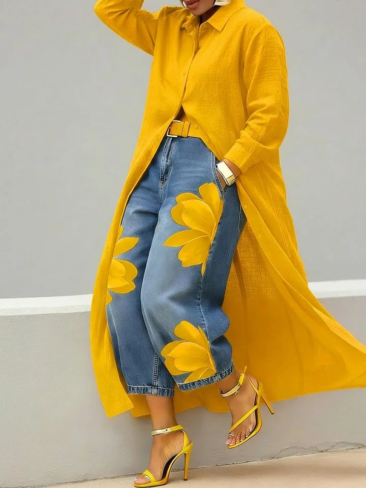 Ana | Conjunto de camisa larga y vaqueros con estampado floral